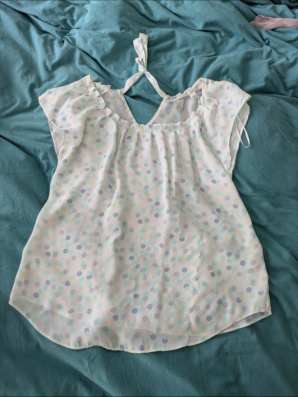 Lauren Conrad Pastel Polka Dot Tie-Back Blouse Size S Sheer Ruffle Cap Sleeves